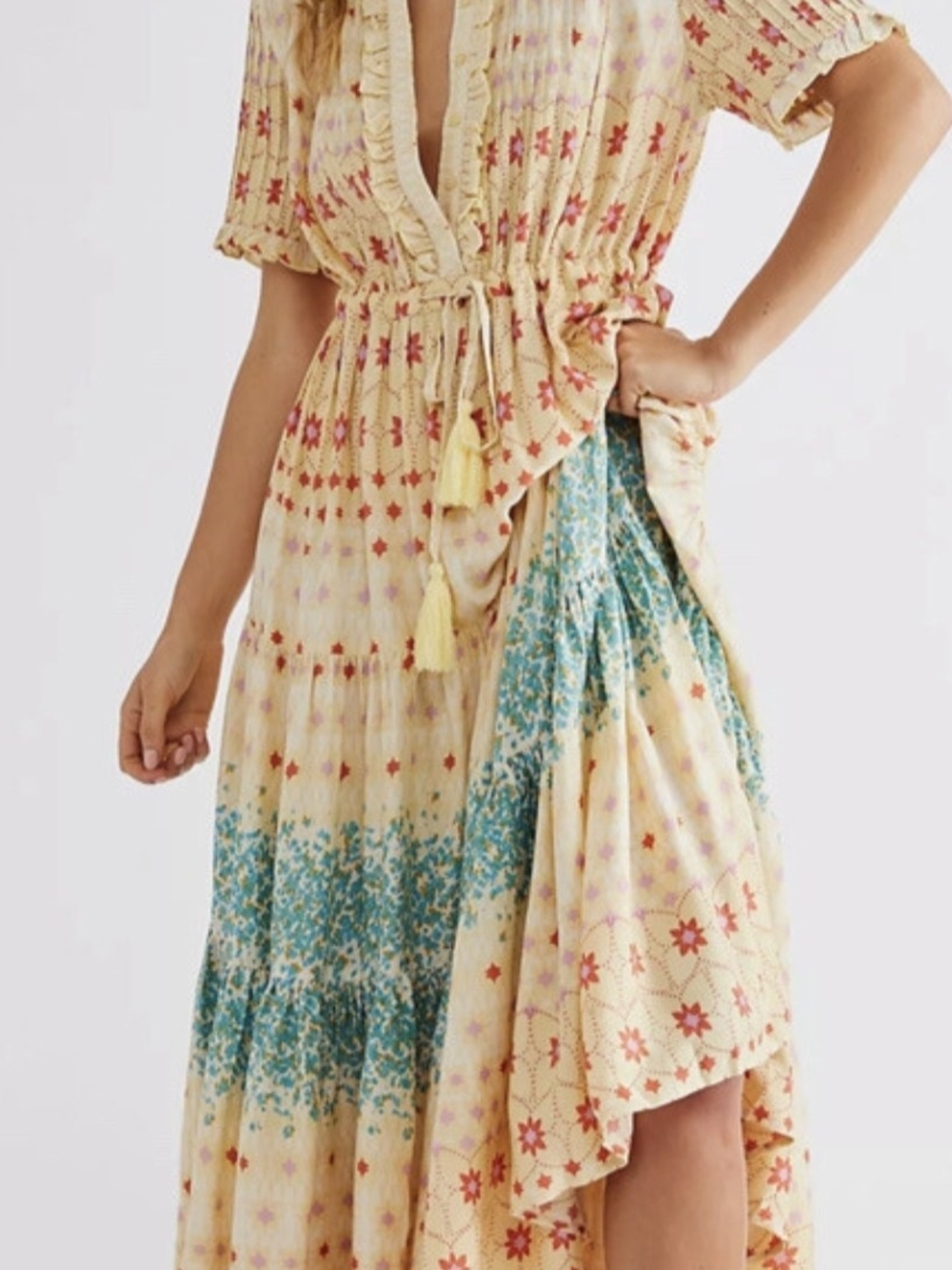 Free People Rare Feelings Maxi Dress with Blue & Pink Accents